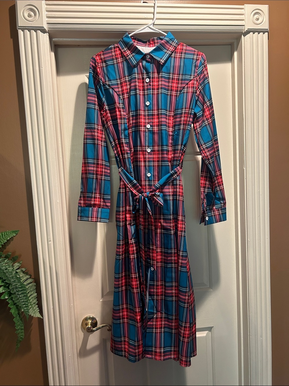 Plaid Button-Front Long Sleeve Shirt Dress with Tie - Teal & Red